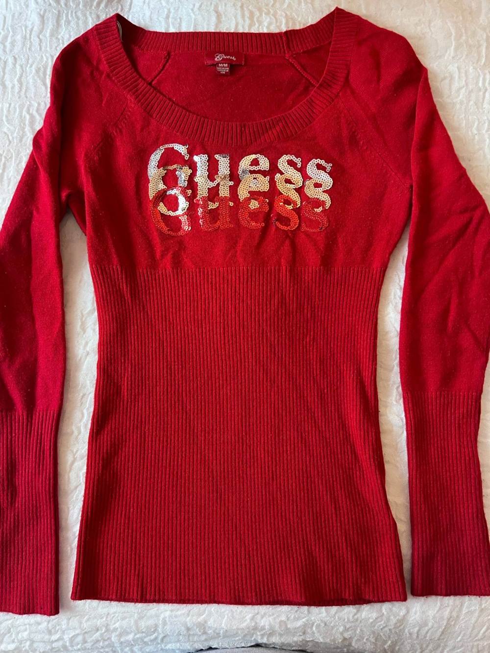 Guess Red Ribbed Long-Sleeve Sweater with Sequin Logo Detail